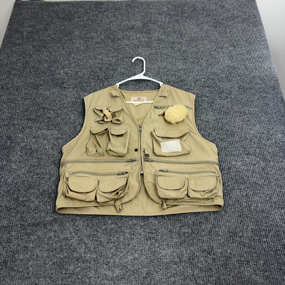 Vintage Woodfield Fishing Vest Mens L Tan Cotton Multi Pocket Utility Gorpcore